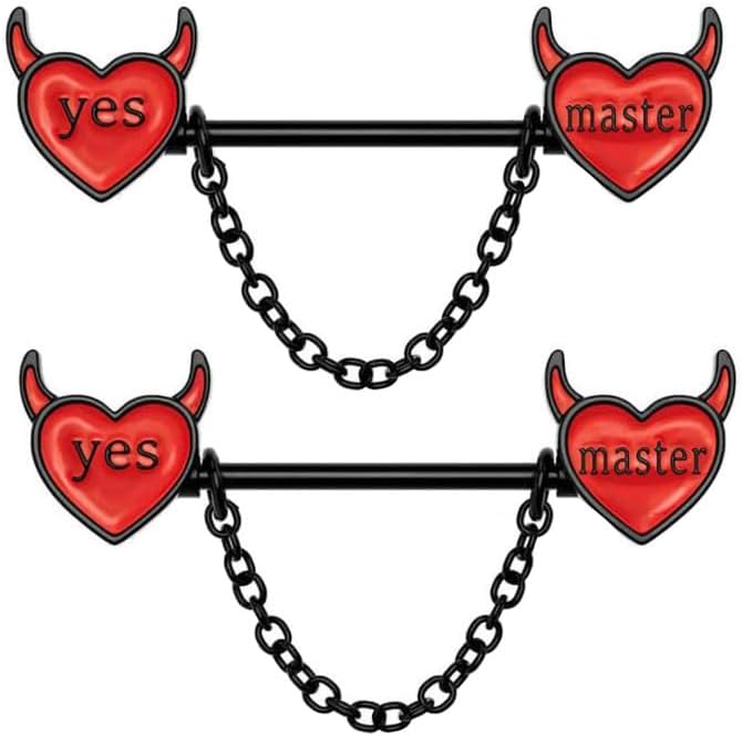 14G Devil Heart Nipple Rings for Women Surgical Steel Yes Master Naughty Words Dangle Chains Nipplerings Nipple Studs Barbell Nipple Piercing Jewelry