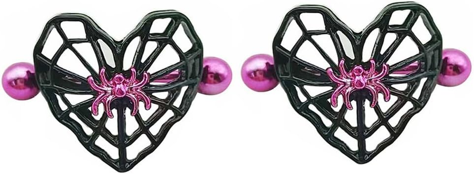 14G Heart Spider Web Nipple Rings for Women 316L Stainless Steel Black Spider Web Nipplerings Nipple Piercing Barbell Nipple Shield Studs Halloween Body Piercing Jewelry