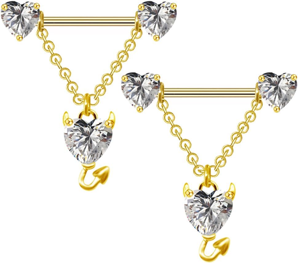 14G Devil Heart Dangle Nipple Rings for Women Girls Stainless Steel Sparkling CZ Love Heart Ball Chain Dangling Nipplerings Nipple Studs Piercing Barbell Body Jewelry