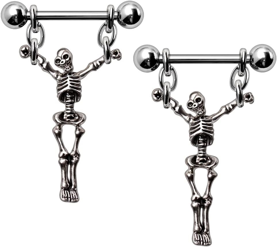 Pierced Owl 14GA 316L Stainless Steel Skeleton Dangling Nipple Barbells, Sold as a Pair