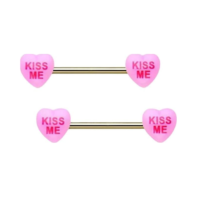 14G Pink Heart Nipple Rings for Women Stainless Steel Acrylic Love Heart Letter Nipplerings Kiss Me Naughty Words Nipple Shield Barbell Nipple Piercing Jewelry
