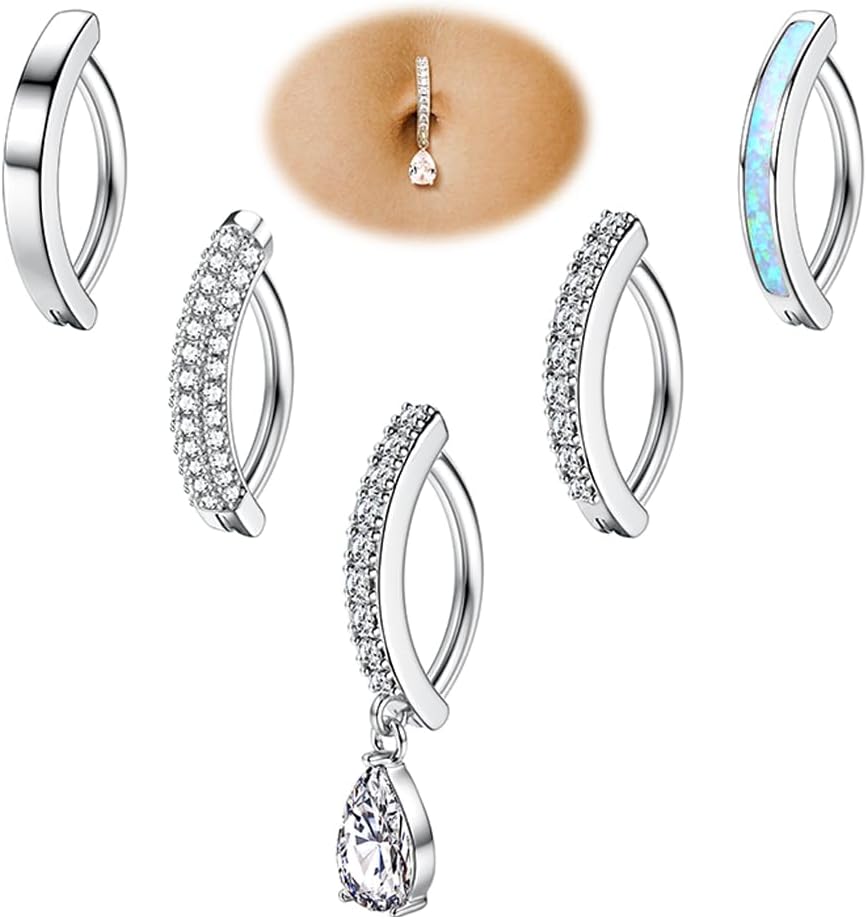 5Pcs Belly Button Ring for Women 14G Short Navel Rings Silver Clicker Belly Piercing Pack Simple Dangle Cute CZ Belly Small Hypoallergenic Belly Button Ring Reverse Piercings Jewelry - 我的商店我的商店我的商店