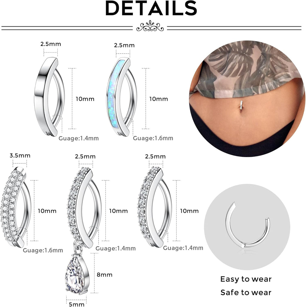 5Pcs Belly Button Ring for Women 14G Short Navel Rings Silver Clicker Belly Piercing Pack Simple Dangle Cute CZ Belly Small Hypoallergenic Belly Button Ring Reverse Piercings Jewelry - 我的商店我的商店我的商店