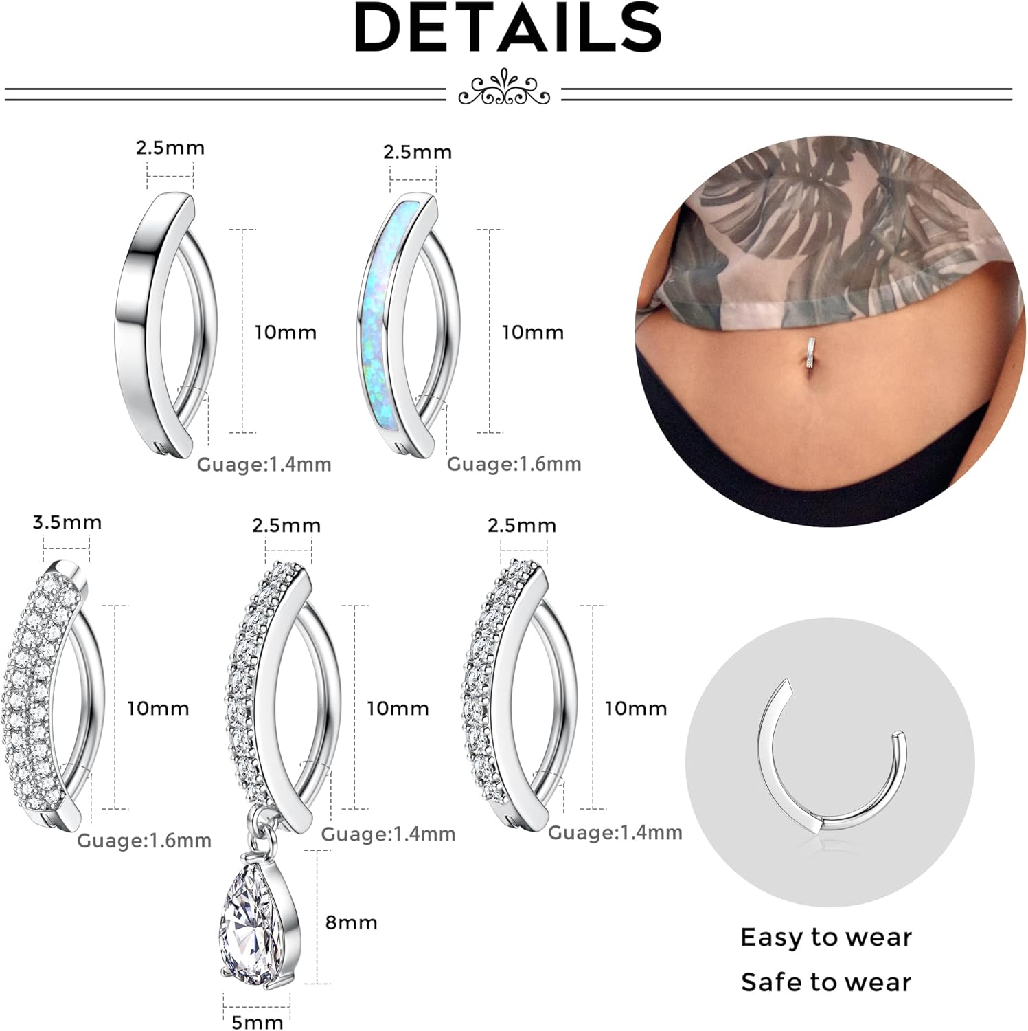 5Pcs Belly Button Ring for Women 14G Short Navel Rings Silver Clicker Belly Piercing Pack Simple Dangle Cute CZ Belly Small Hypoallergenic Belly Button Ring Reverse Piercings Jewelry - 我的商店我的商店我的商店