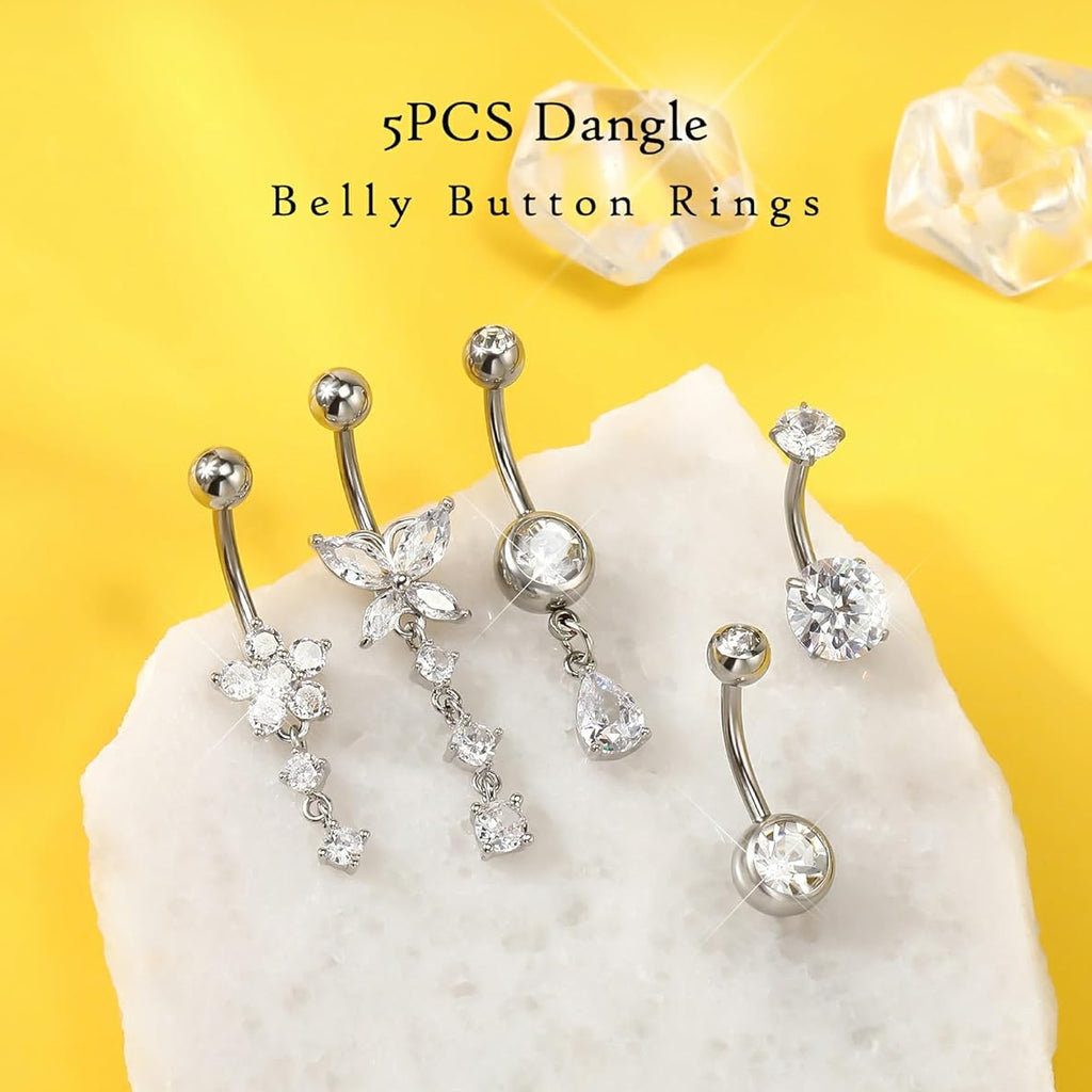 5PCS Belly Button Rings for Women 14G Dangle Navel Piercing Jewelry Set Surgical Stainless Steel Body Jewelry with CZ Butterfly Flower Teardrop Barbell for Beach Festival Daily - 我的商店我的商店我的商店