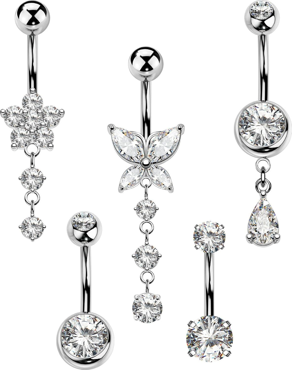 5PCS Belly Button Rings for Women 14G Dangle Navel Piercing Jewelry Set Surgical Stainless Steel Body Jewelry with CZ Butterfly Flower Teardrop Barbell for Beach Festival Daily - 我的商店我的商店我的商店