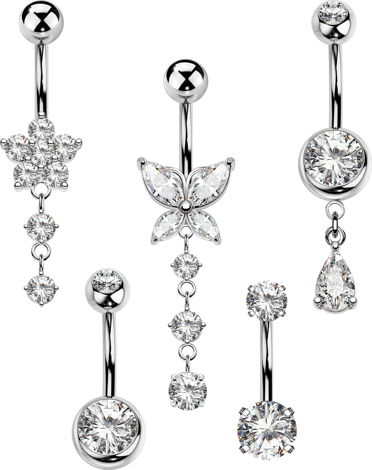 5PCS Belly Button Rings for Women 14G Dangle Navel Piercing Jewelry Set Surgical Stainless Steel Body Jewelry with CZ Butterfly Flower Teardrop Barbell for Beach Festival Daily - 我的商店我的商店我的商店