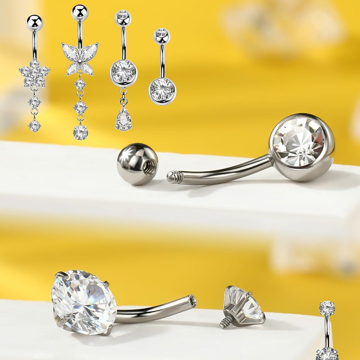 5PCS Belly Button Rings for Women 14G Dangle Navel Piercing Jewelry Set Surgical Stainless Steel Body Jewelry with CZ Butterfly Flower Teardrop Barbell for Beach Festival Daily - 我的商店我的商店我的商店