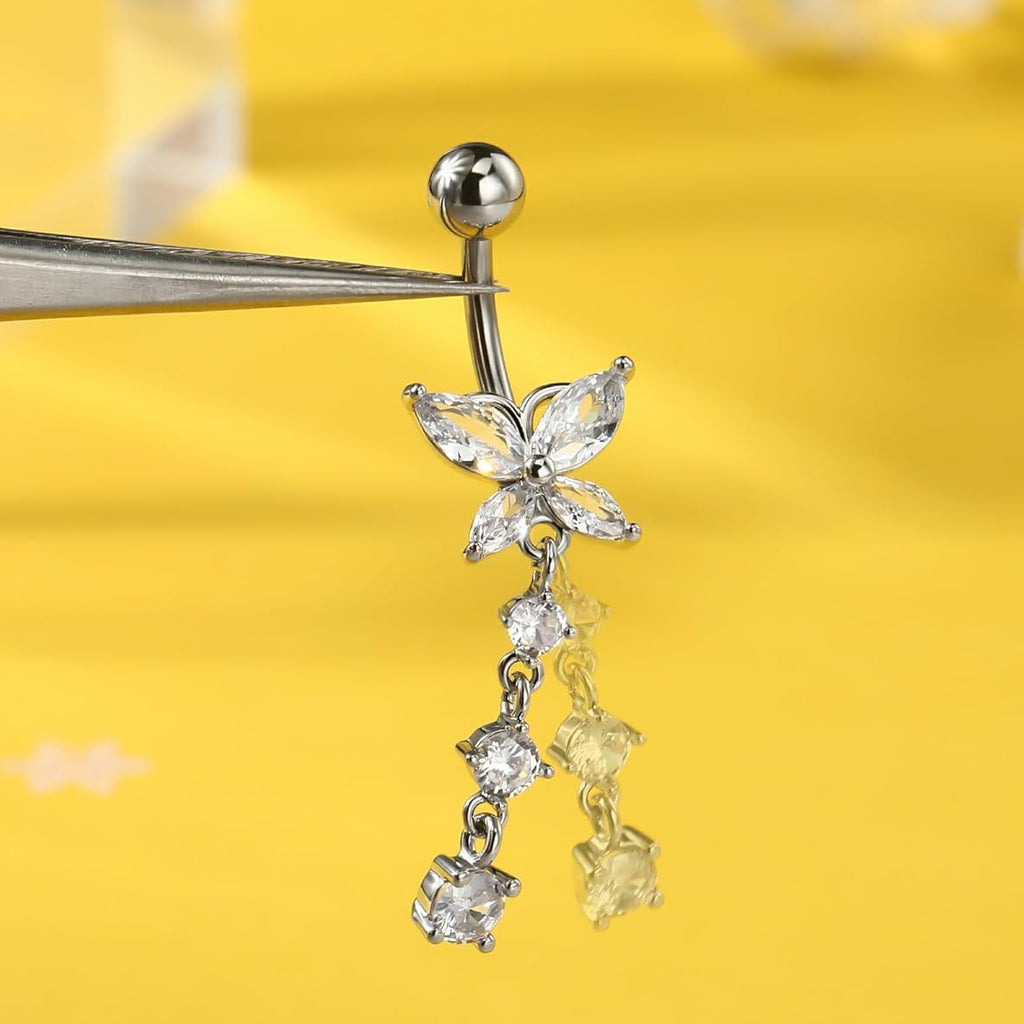 5PCS Belly Button Rings for Women 14G Dangle Navel Piercing Jewelry Set Surgical Stainless Steel Body Jewelry with CZ Butterfly Flower Teardrop Barbell for Beach Festival Daily - 我的商店我的商店我的商店