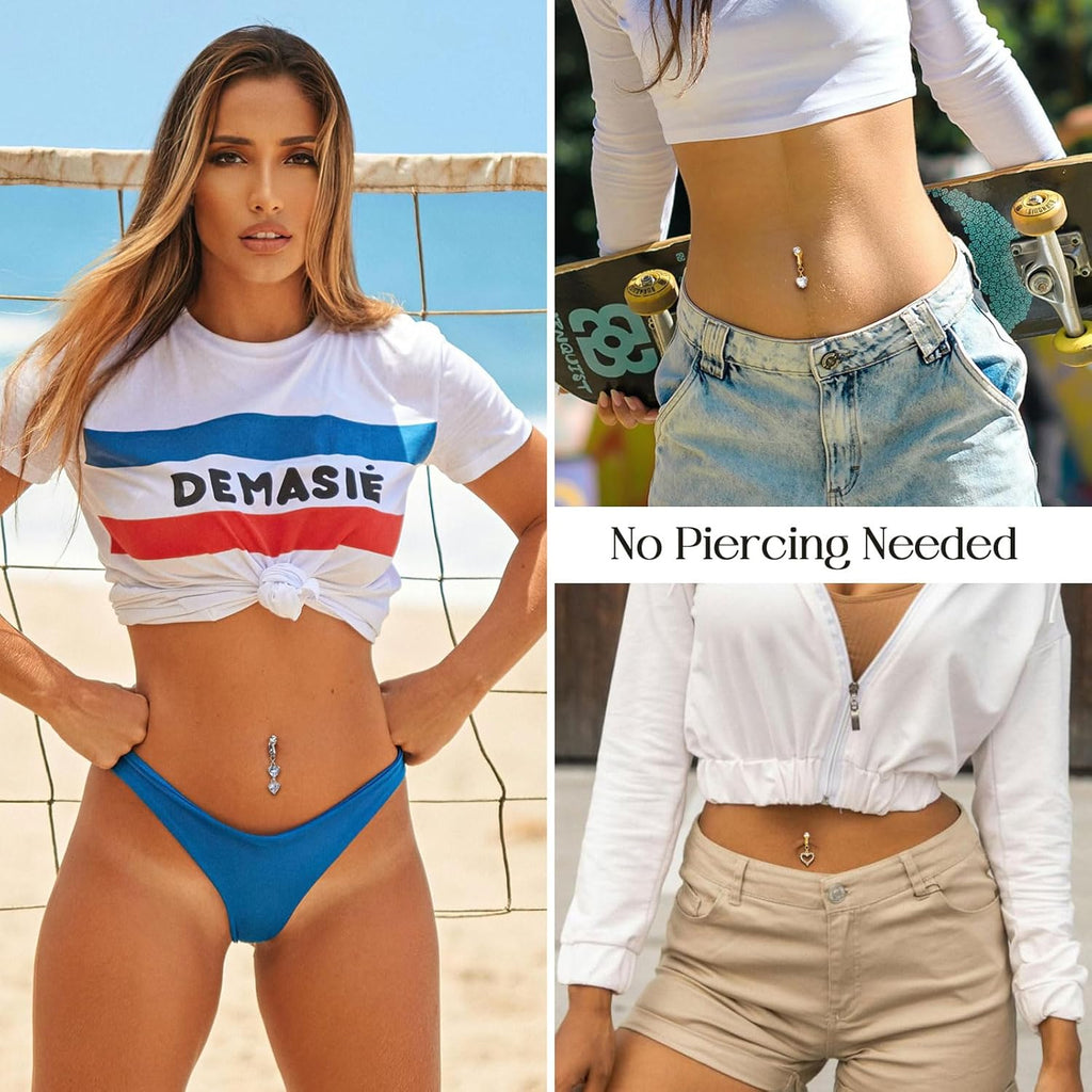 5PCS Fake Belly Ring Fake Belly Piercing Clip on Belly Button Rings Surgical Steel Fake Belly Button Ring Fake Earrings Non Piercing Fake Belly Piercing Jewelry - 我的商店我的商店我的商店