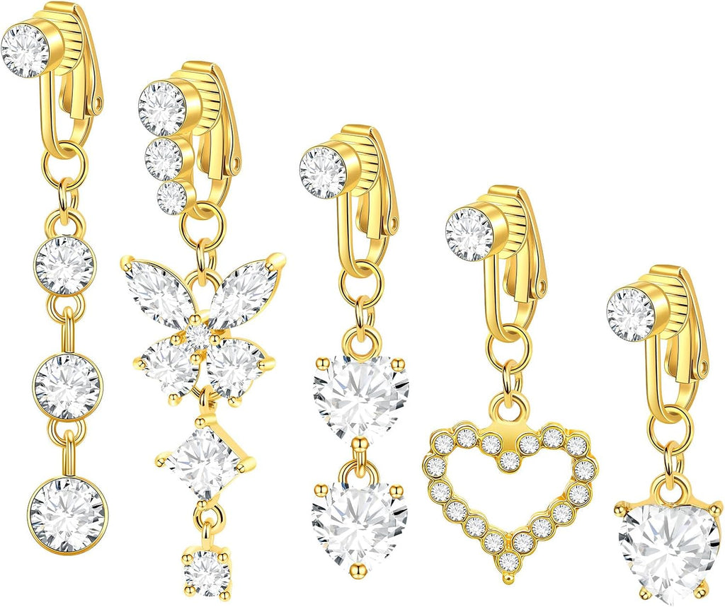 5PCS Fake Belly Ring Fake Belly Piercing Clip on Belly Button Rings Surgical Steel Fake Belly Button Ring Fake Earrings Non Piercing Fake Belly Piercing Jewelry - 我的商店我的商店我的商店