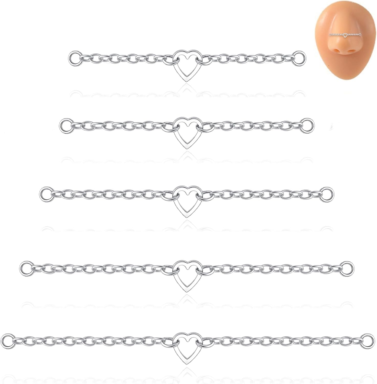 5Pcs Nose Chain Piercing Stainless Steel Across Top Nose Rings Chain Heart Double Nostril - QIAO CrystalQIAO CrystalQIAO Crystal