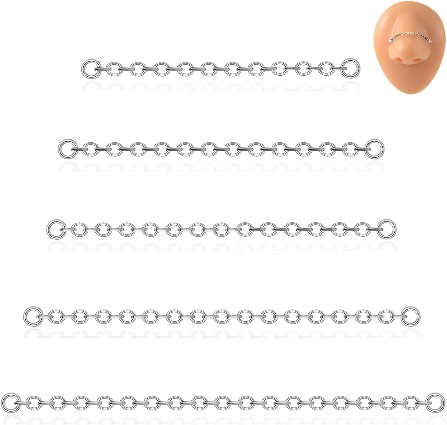 5Pcs Nose Chain Piercing Stainless Steel Across Top Nose Rings Chain Heart Double Nostril - QIAO CrystalQIAO CrystalQIAO Crystal