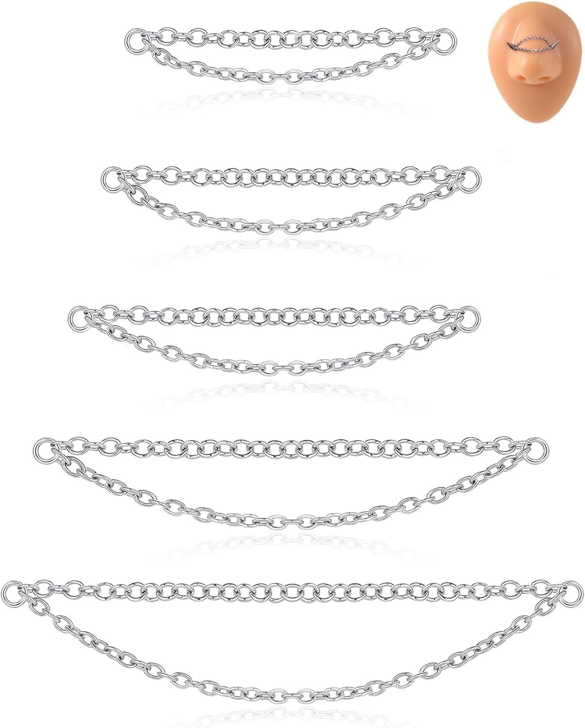 5Pcs Nose Chain Piercing Stainless Steel Across Top Nose Rings Chain Heart Double Nostril - QIAO CrystalQIAO CrystalQIAO Crystal