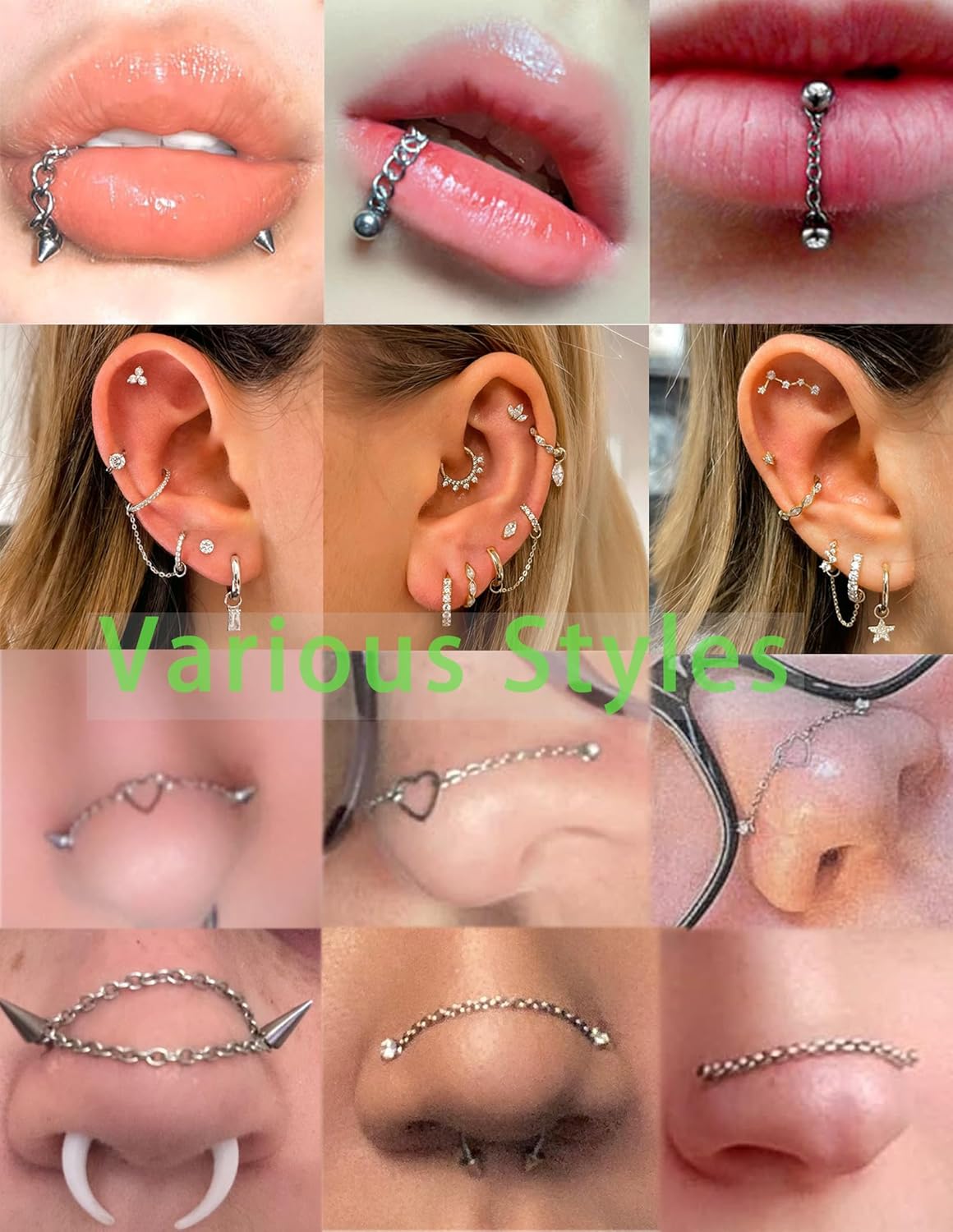 5Pcs Nose Chain Piercing Stainless Steel Across Top Nose Rings Chain Heart Double Nostril - QIAO CrystalQIAO CrystalQIAO Crystal