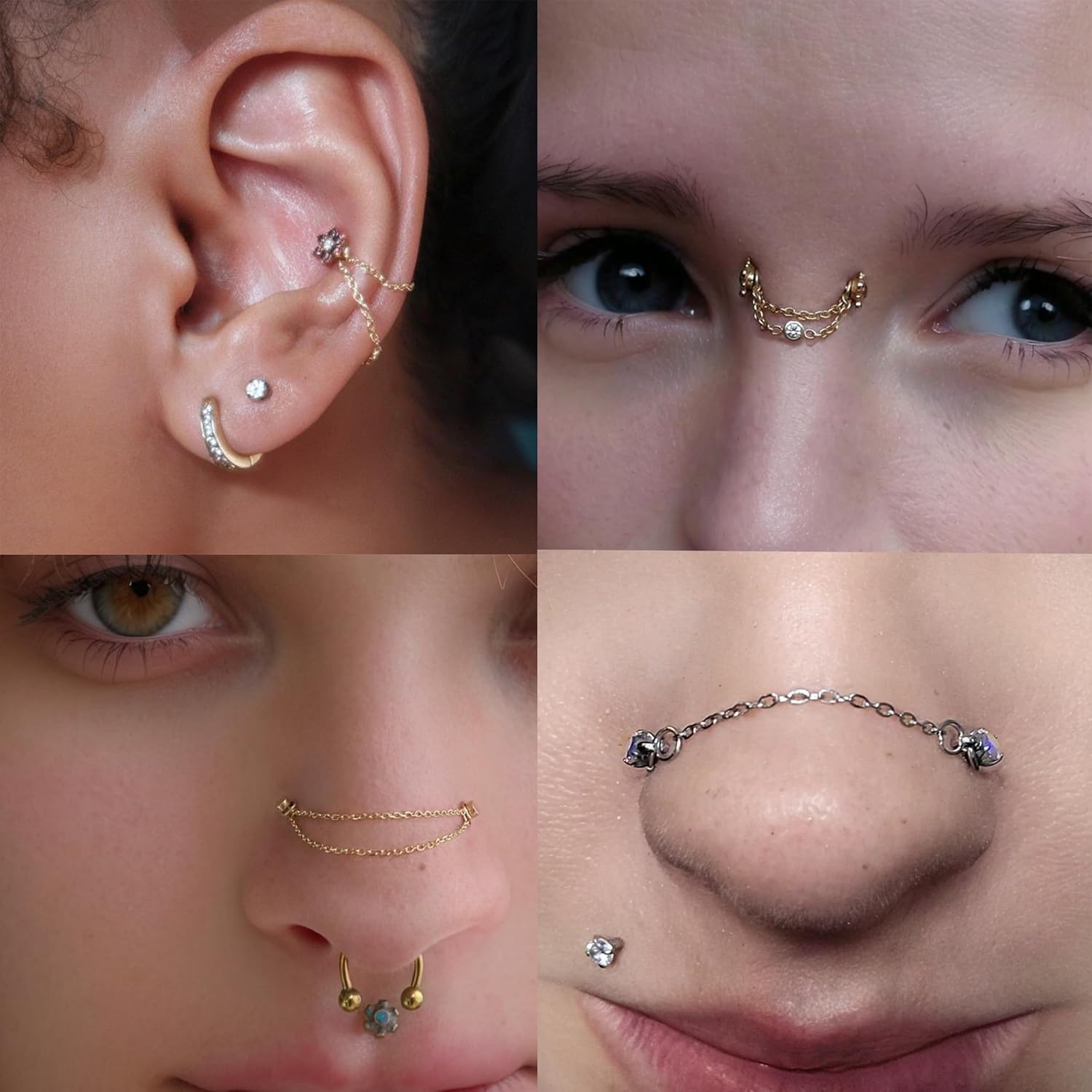 5Pcs Surgical Steel Across Top Nose Rings Chain for Women Nose Studs Nostril Chain - QIAO CrystalQIAO CrystalQIAO Crystal