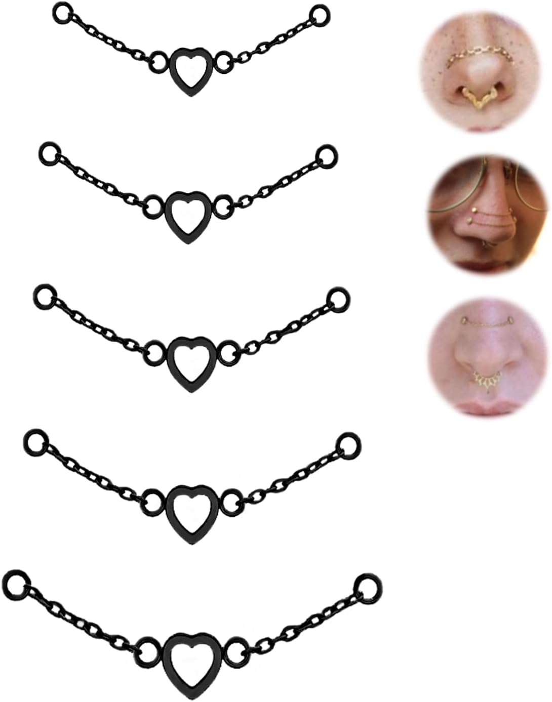 5Pcs Surgical Steel Across Top Nose Rings Chain for Women Nose Studs Nostril Chain - QIAO CrystalQIAO CrystalQIAO Crystal