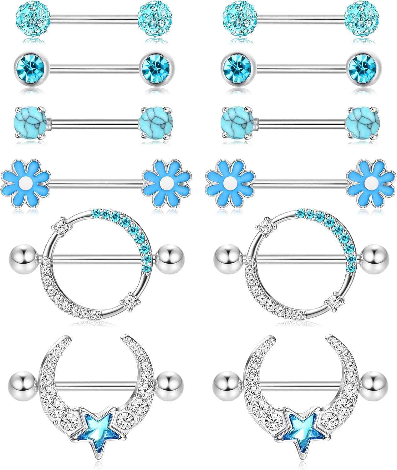 6 Pairs 14G Nipple Rings for Women 316L Stainless Steel Heart Butterfly Moon CZ Flower Barbell Nipple Rings Set Cute Nipplerings Piercing Jewelry - QIAO CrystalQIAO CrystalQIAO Crystal