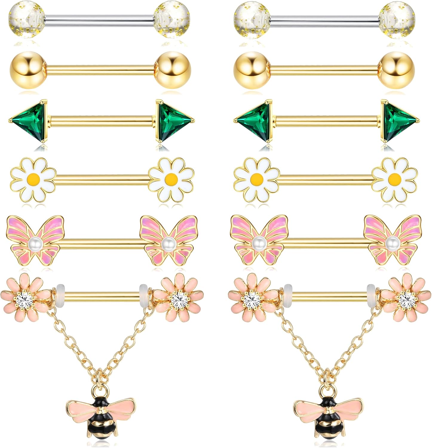 6 Pairs 14G Nipple Rings for Women 316L Stainless Steel Heart Butterfly Moon CZ Flower Barbell Nipple Rings Set Cute Nipplerings Piercing Jewelry - QIAO CrystalQIAO CrystalQIAO Crystal