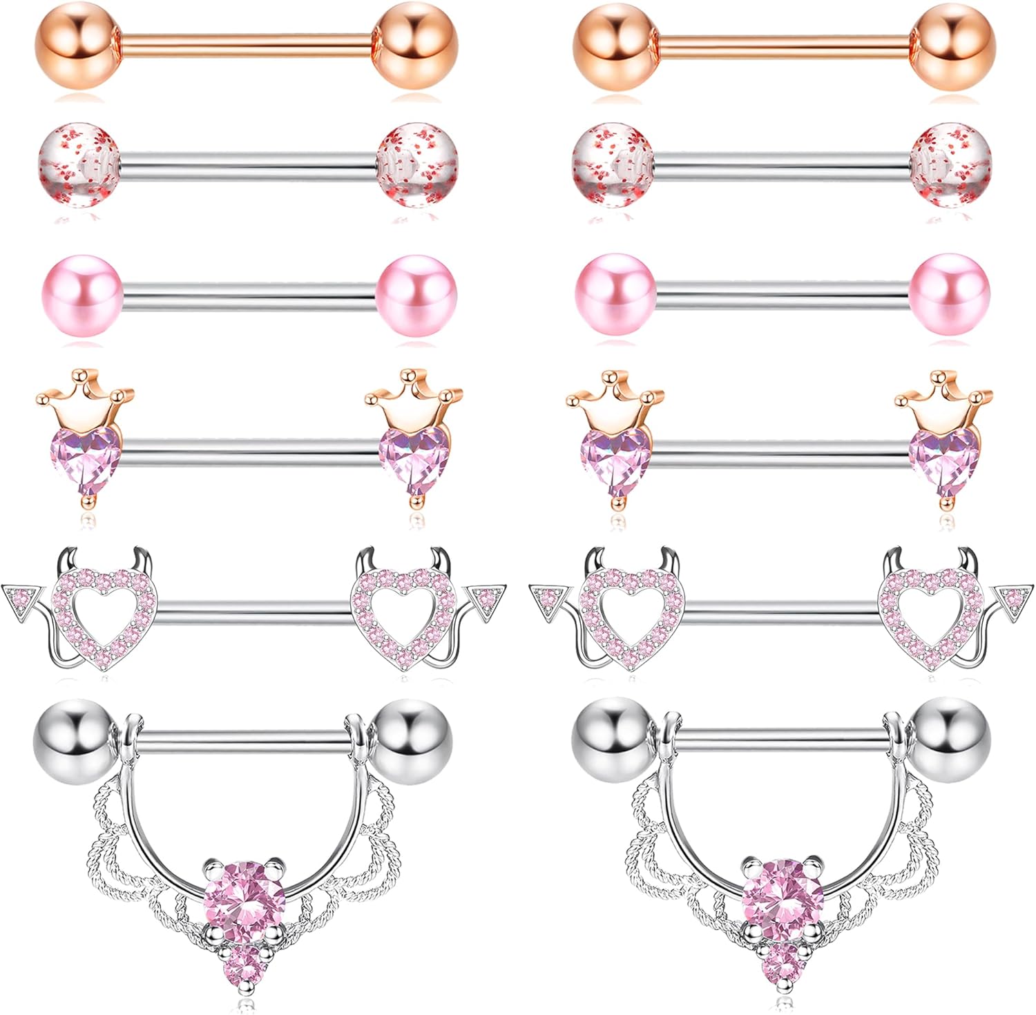 6 Pairs 14G Nipple Rings for Women 316L Stainless Steel Heart Butterfly Moon CZ Flower Barbell Nipple Rings Set Cute Nipplerings Piercing Jewelry - QIAO CrystalQIAO CrystalQIAO Crystal