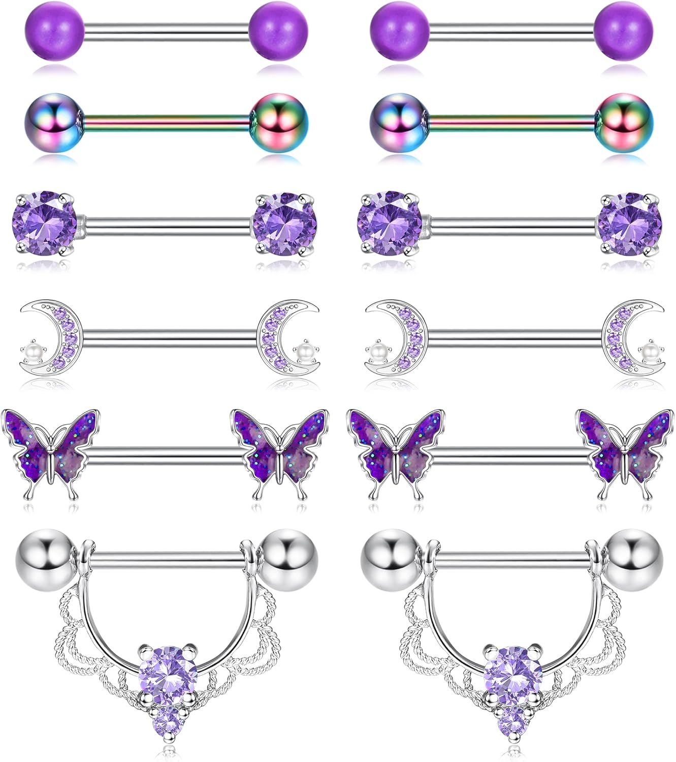 6 Pairs 14G Nipple Rings for Women 316L Stainless Steel Heart Butterfly Moon CZ Flower Barbell Nipple Rings Set Cute Nipplerings Piercing Jewelry - QIAO CrystalQIAO CrystalQIAO Crystal