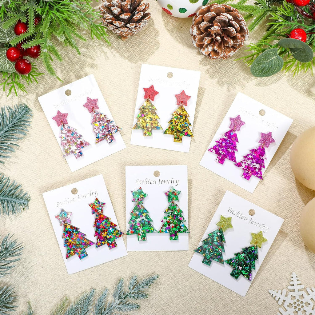 6 Pairs Funny Christmas Earrings for Women Christmas Tree Chicken Earrings Colorful Xmas Jewelry Acrylic Glittery Drop Dangle Ear Rings for Women Jewelry Gifts - 我的商店我的商店我的商店