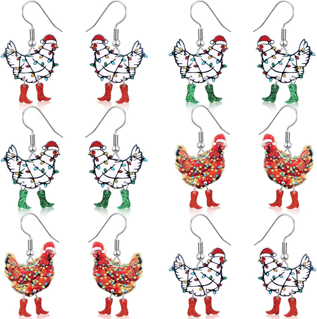 6 Pairs Funny Christmas Earrings for Women Christmas Tree Chicken Earrings Colorful Xmas Jewelry Acrylic Glittery Drop Dangle Ear Rings for Women Jewelry Gifts - 我的商店我的商店我的商店