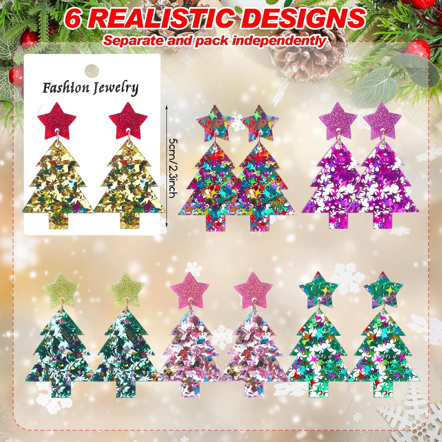 6 Pairs Funny Christmas Earrings for Women Christmas Tree Chicken Earrings Colorful Xmas Jewelry Acrylic Glittery Drop Dangle Ear Rings for Women Jewelry Gifts - 我的商店我的商店我的商店
