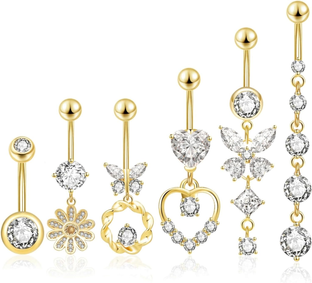 6 Pieces Belly Button Ring Dangle Stainless Steel Belly Rings 14G Belly Button Piercing Cute Navel Ring Belly Piercing Jewelry - 我的商店我的商店我的商店