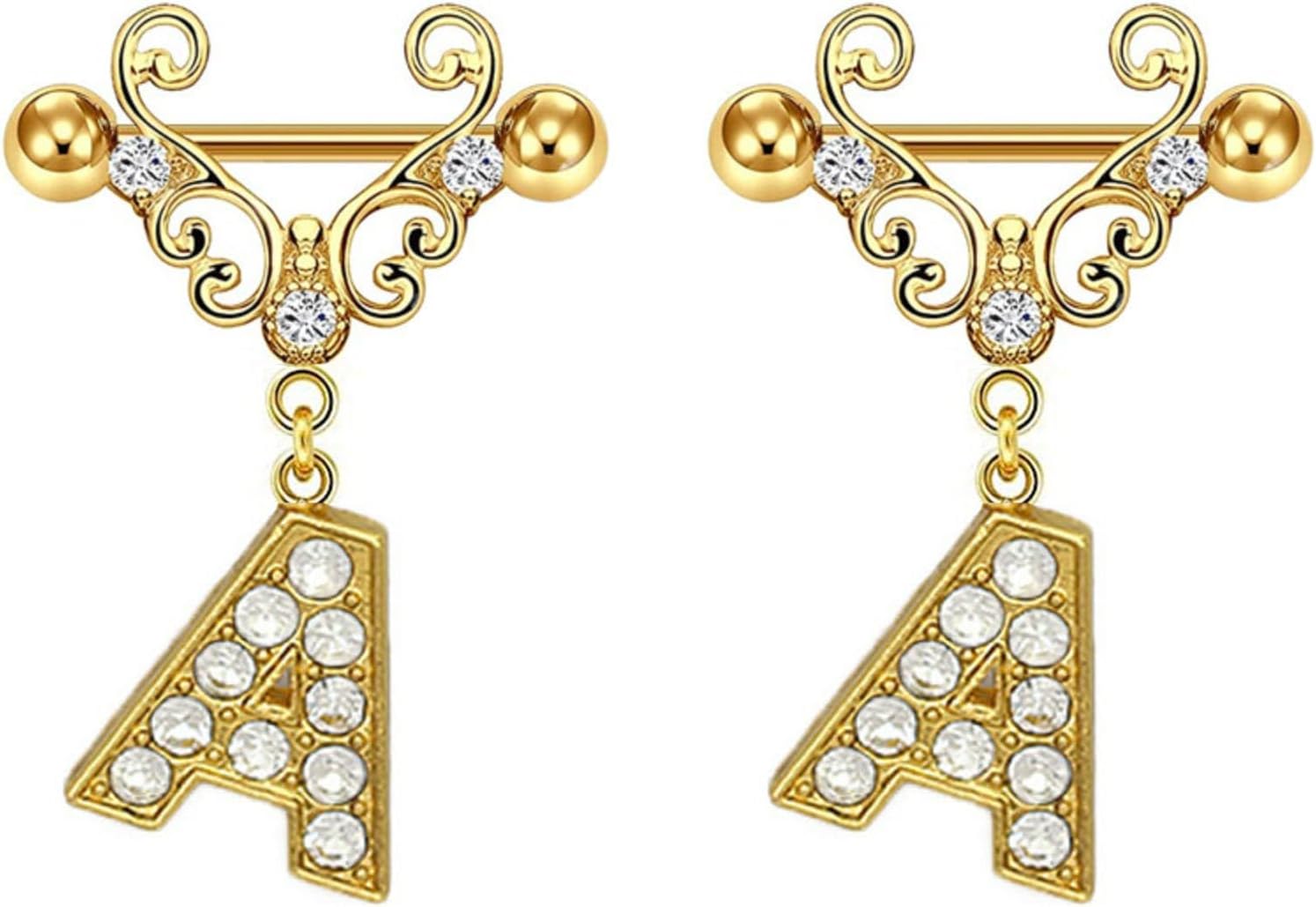 2Pcs Gold Nipple Rings Name Letter Dangle for Women 14GA 316L Surgical Steel Cubic Zirconia Hypoallergenic Nipple Piercing Jewelry