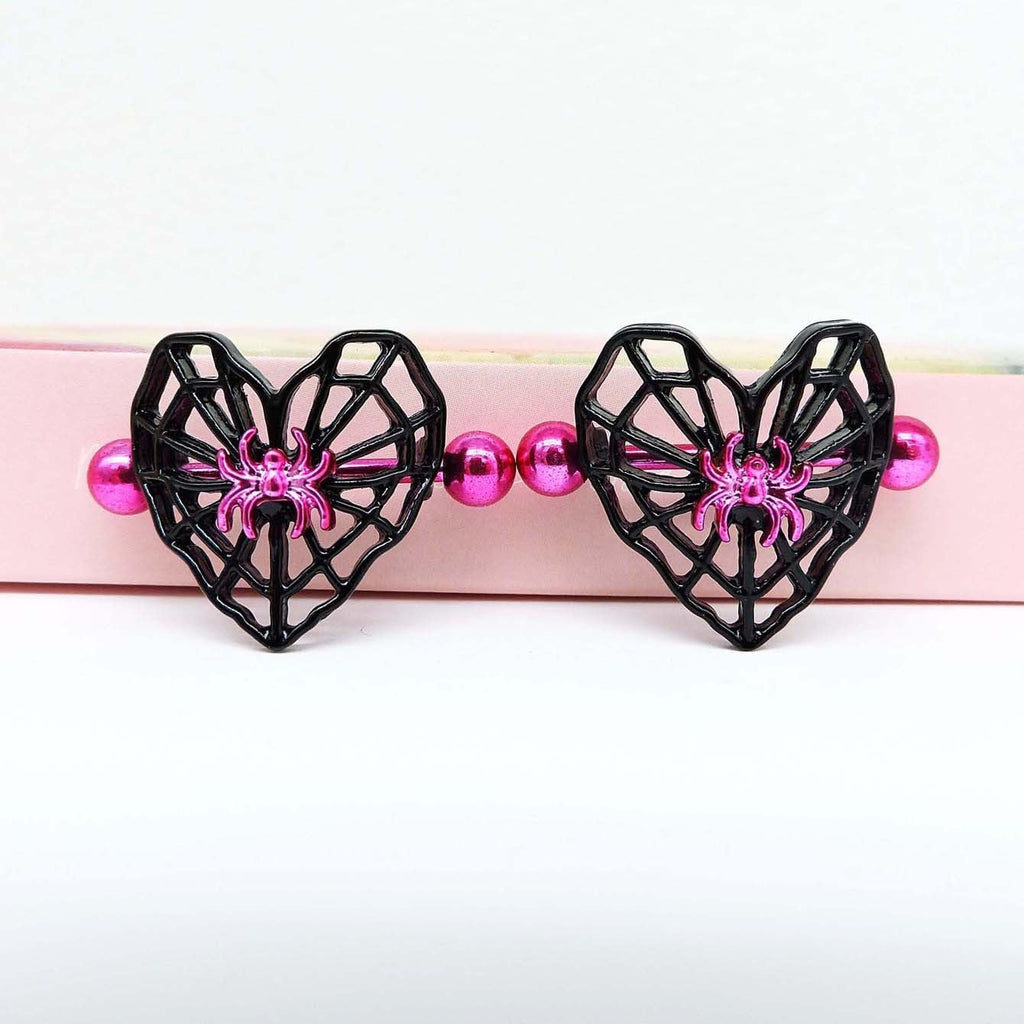 14G Heart Spider Web Nipple Rings for Women 316L Stainless Steel Black Spider Web Nipplerings Nipple Piercing Barbell Nipple Shield Studs Halloween Body Piercing Jewelry