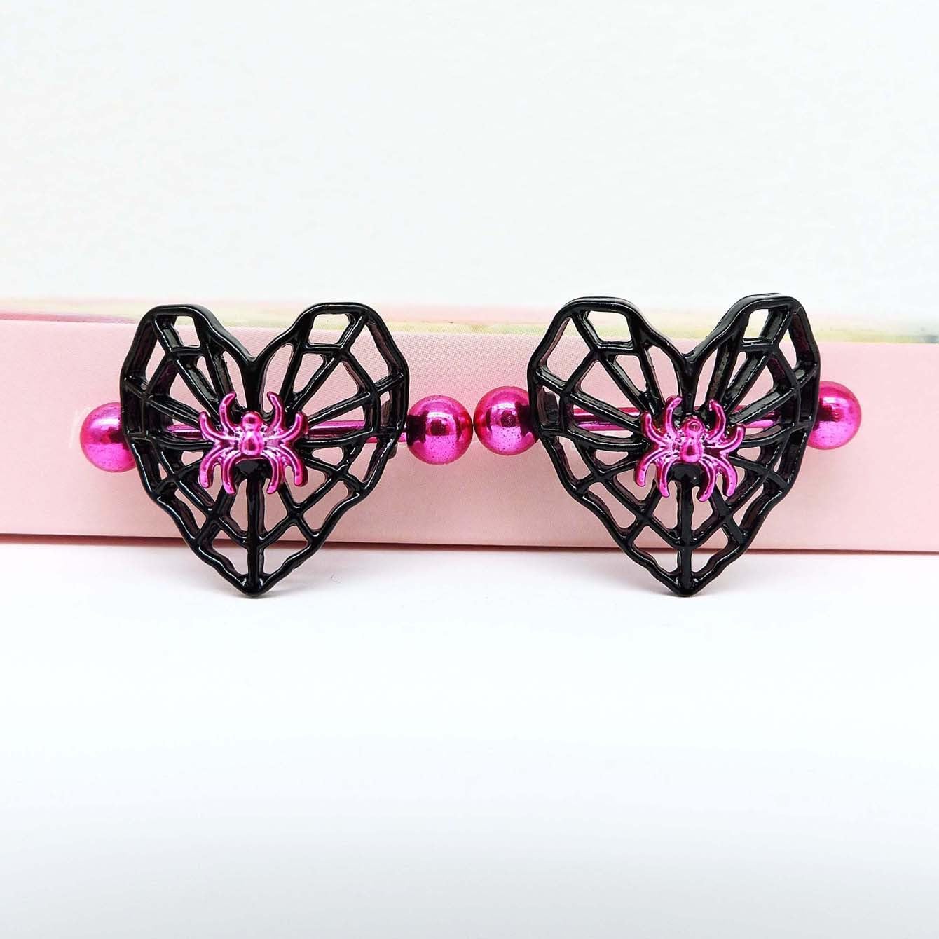 14G Heart Spider Web Nipple Rings for Women 316L Stainless Steel Black Spider Web Nipplerings Nipple Piercing Barbell Nipple Shield Studs Halloween Body Piercing Jewelry