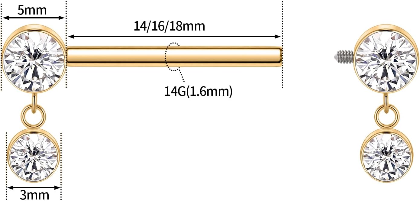 FUNLMO Titanium Nipple Piercing Jewelry - Internally Threaded Rings With Cubic Zirconia Dangle, 14G Barbell Bars