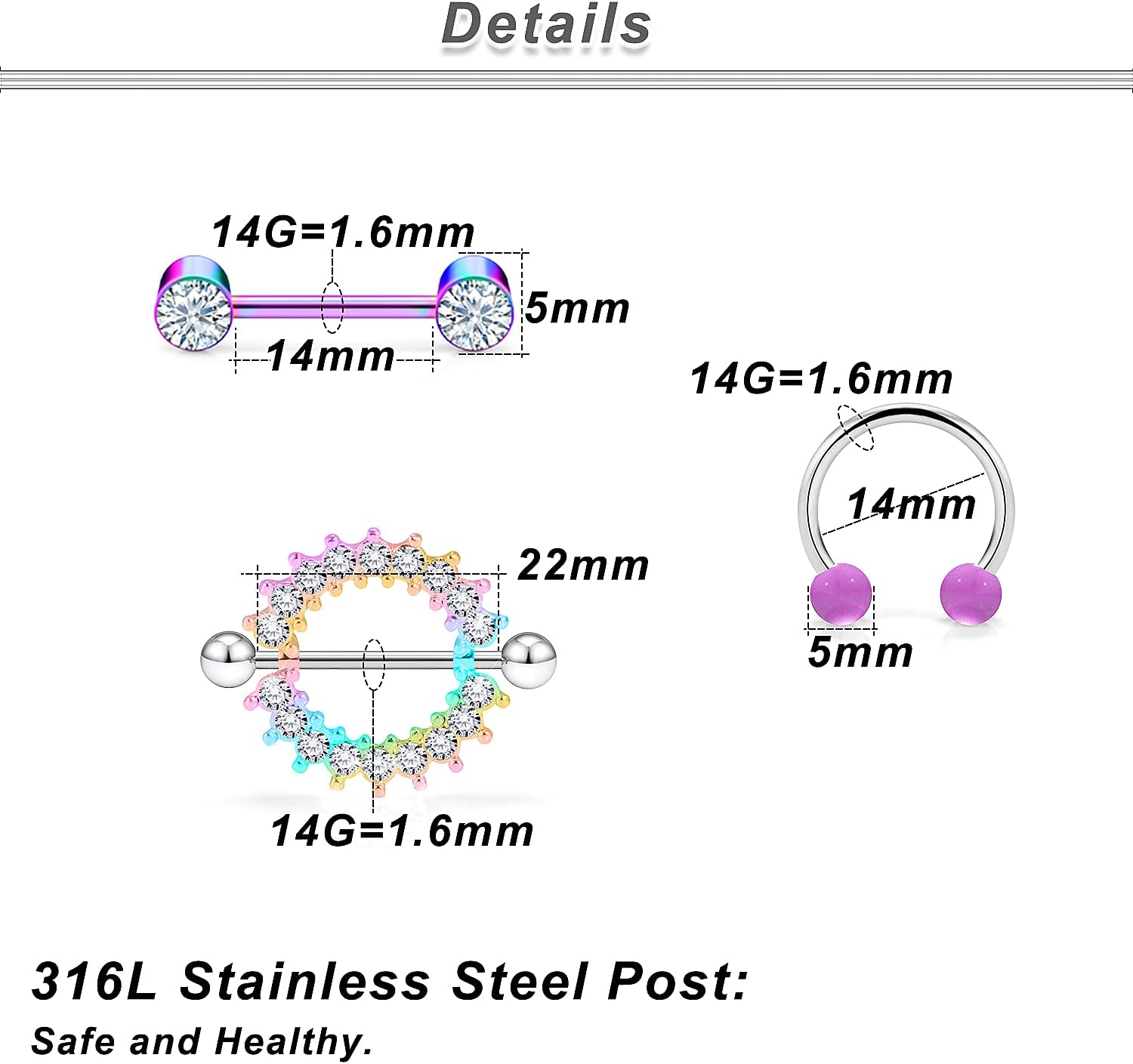 Ocptiy 14G 16G Nipple Rings for Women Surgical Steel Purple Nipple Tongue Shield Barbell Ring Bar Nipplerings Body Piercing Jewelry for Women