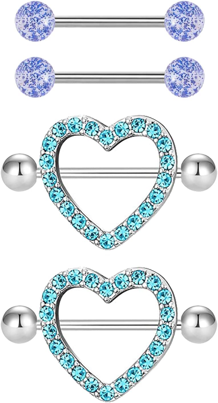 VERAMI 14G Stainless Steel Heart Nipple Rings and Barbell - Butterfly, Starlight Acrylic Ball, Tongue Rings for Women and Men