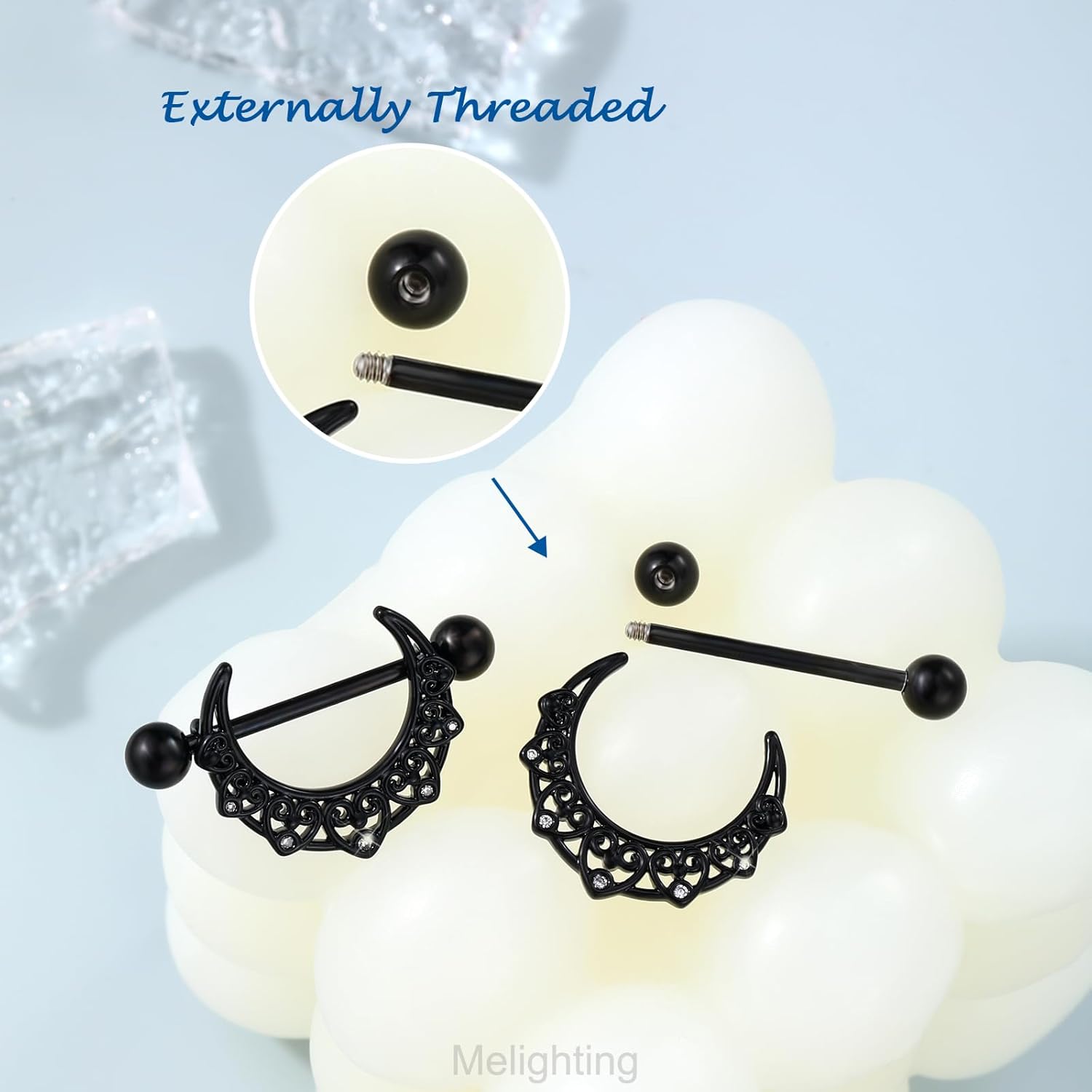 Melighting Black Moon Nipple Piercing Jewelry - 14G Stainless Steel 316L Heart Nipple Barbell