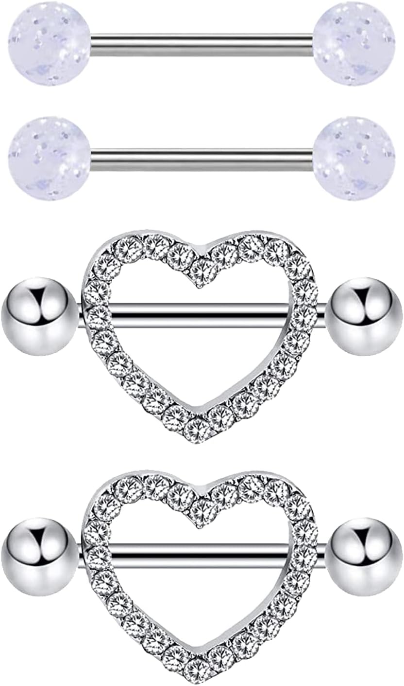 VERAMI 14G Stainless Steel Heart Nipple Rings and Barbell - Butterfly, Starlight Acrylic Ball, Tongue Rings for Women and Men
