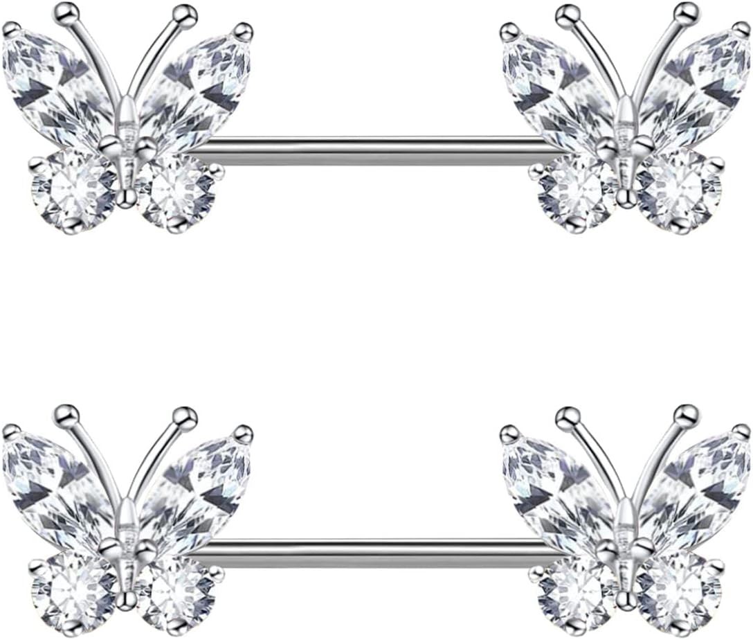 VERAMI 14G Stainless Steel Heart Nipple Rings and Barbell - Butterfly, Starlight Acrylic Ball, Tongue Rings for Women and Men