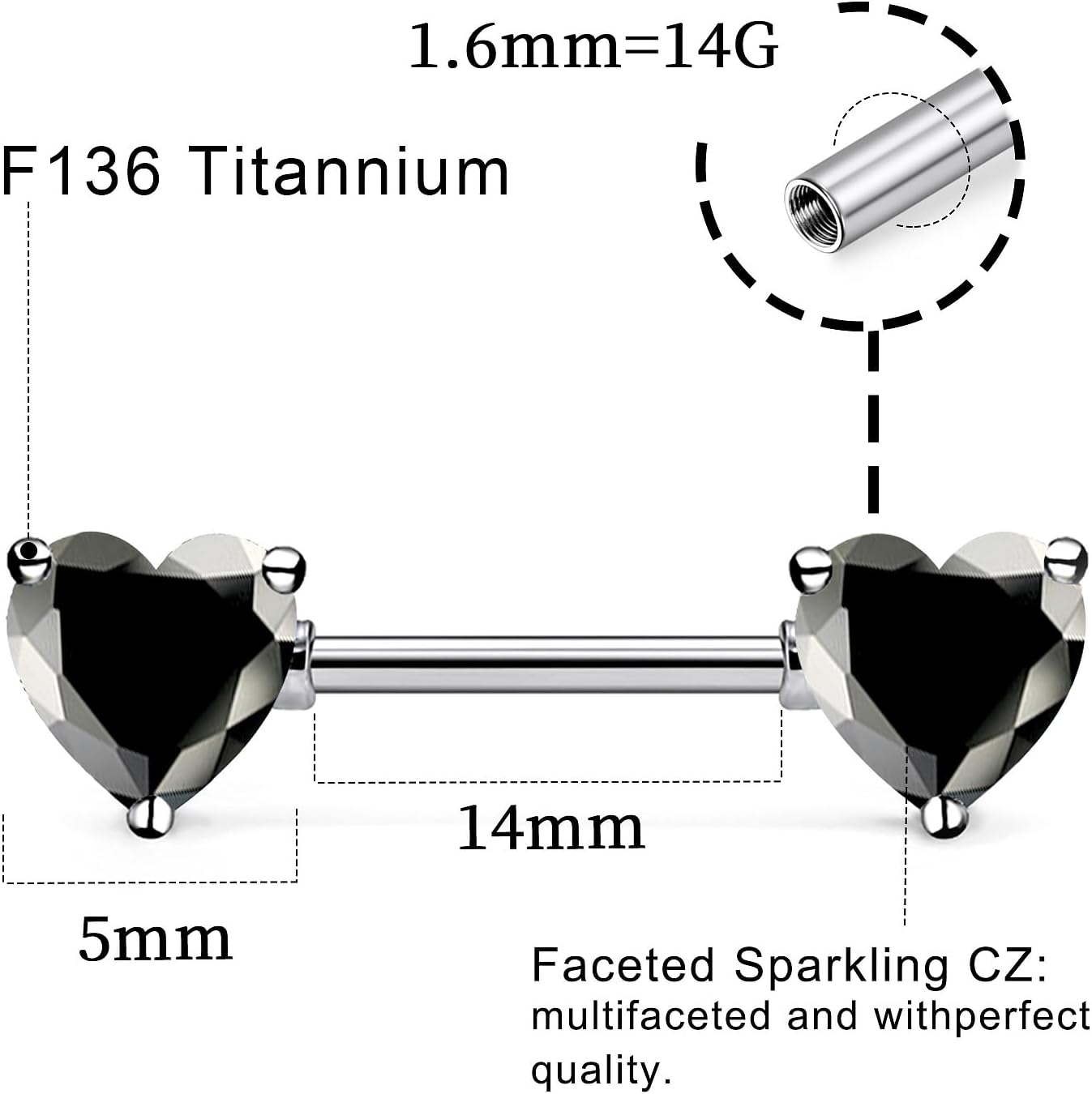 14G ASTM F136 Titanium Nipple Piercing Jewelry Heart CZ Nipple Barbell Jewelry Internally Threaded G23 Solid Titanium Nipple Piercing Barbell Ring Jewelry for Women Men 14 Gauge