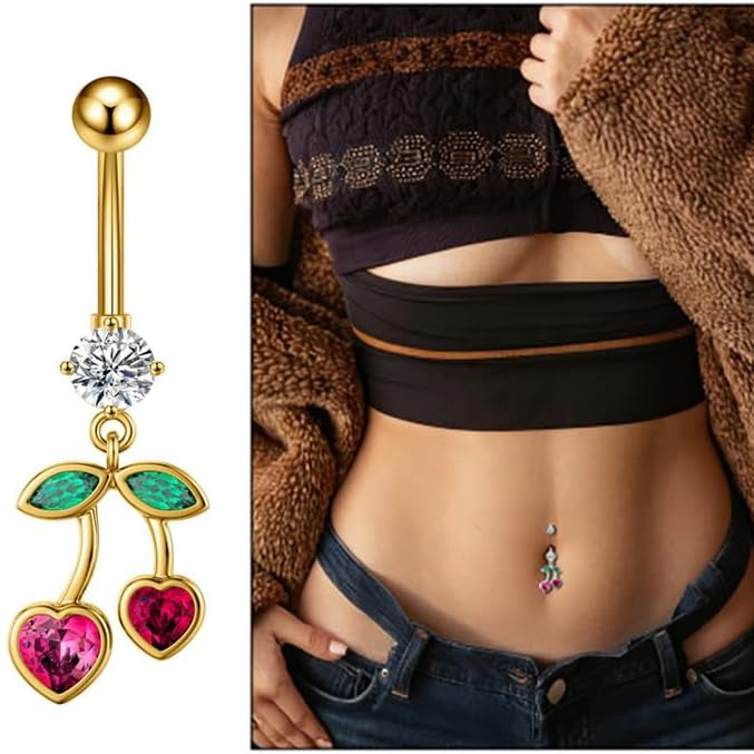 Cute Cherry Dangle Belly Button Rings 14G Stainless Steel Fruit Belly Navel Rings Internally Threaded Dangling