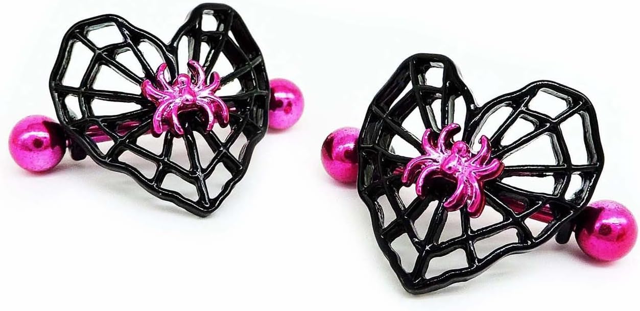 14G Heart Spider Web Nipple Rings for Women 316L Stainless Steel Black Spider Web Nipplerings Nipple Piercing Barbell Nipple Shield Studs Halloween Body Piercing Jewelry