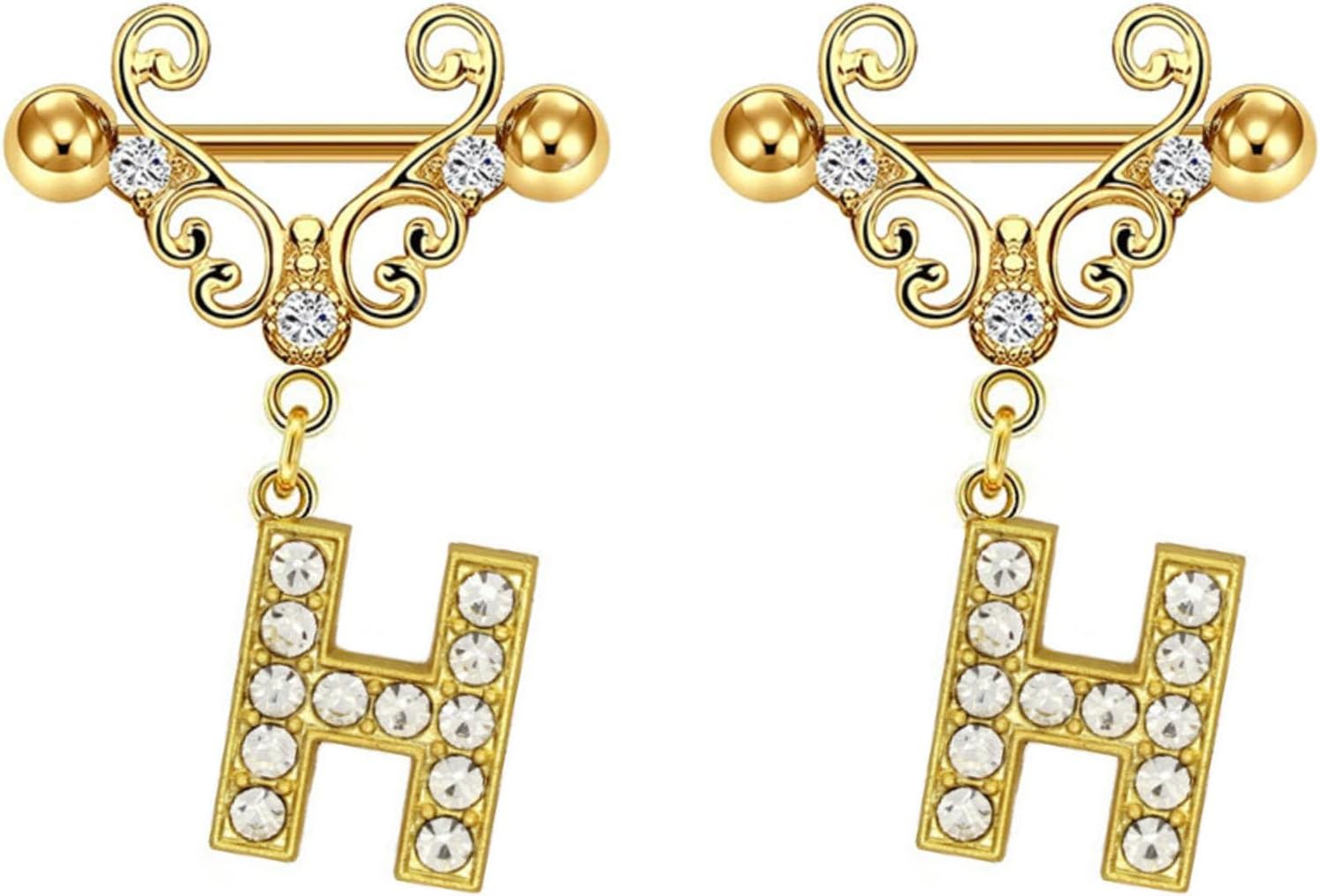 2Pcs Gold Nipple Rings Name Letter Dangle for Women 14GA 316L Surgical Steel Cubic Zirconia Hypoallergenic Nipple Piercing Jewelry