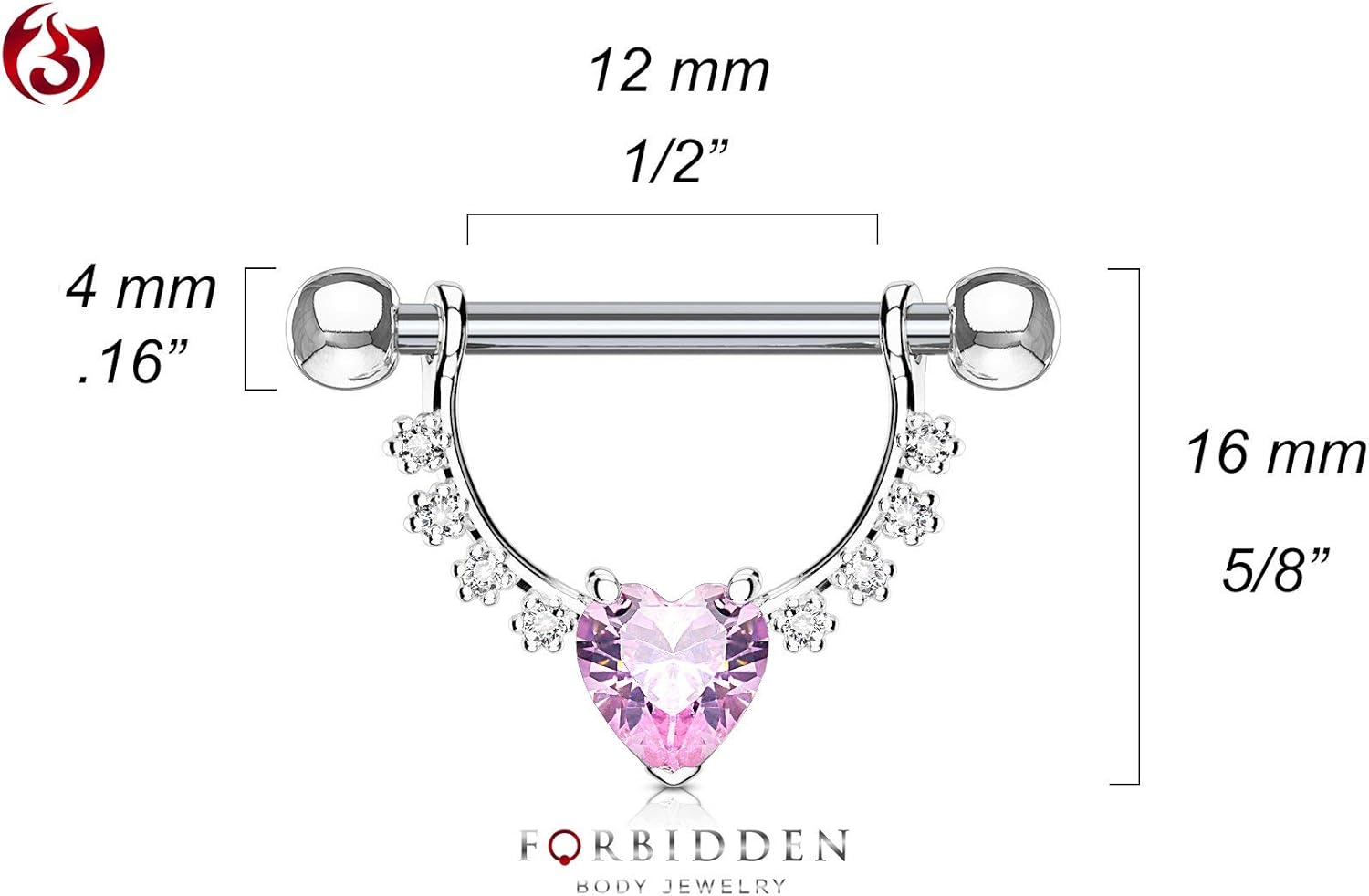 Forbidden Body Jewelry Pair of Surgical Steel 1/2 Inch (12mm) D-Ring Style CZ Heart Dangle Nipple Barbells