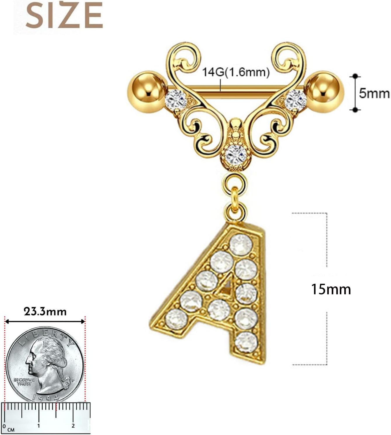 2Pcs Gold Nipple Rings Name Letter Dangle for Women 14GA 316L Surgical Steel Cubic Zirconia Hypoallergenic Nipple Piercing Jewelry