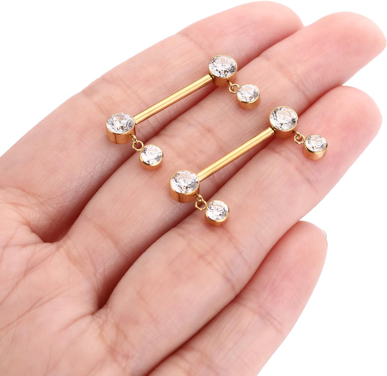 FUNLMO Titanium Nipple Piercing Jewelry - Internally Threaded Rings With Cubic Zirconia Dangle, 14G Barbell Bars