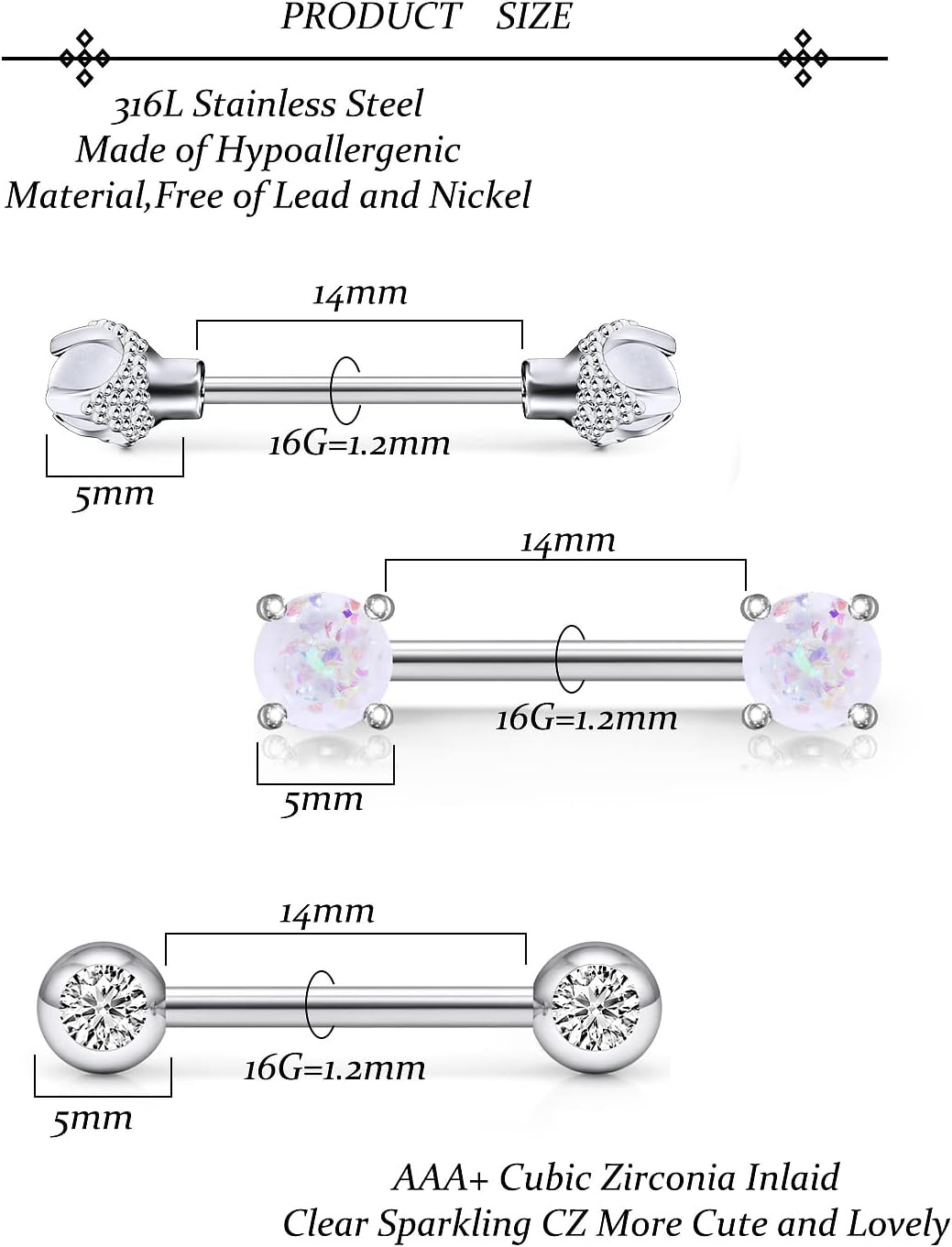 Vsnnsns 16G Nipple Piercing Jewelry - Surgical Steel Cubic Zirconia Dragon Claw Straight Barbell Nipple Rings in Silver & Rose Gold