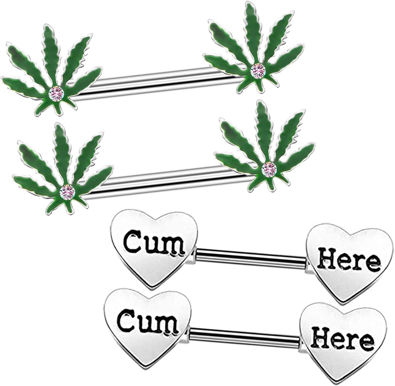 4 Pcs 14G Marijuana Leaf Nipple Rings Surgical Steel and Letter Letter Set Nipple Barbell for Women Men Body Piercing