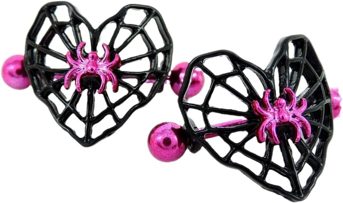 14G Heart Spider Web Nipple Rings for Women 316L Stainless Steel Black Spider Web Nipplerings Nipple Piercing Barbell Nipple Shield Studs Halloween Body Piercing Jewelry