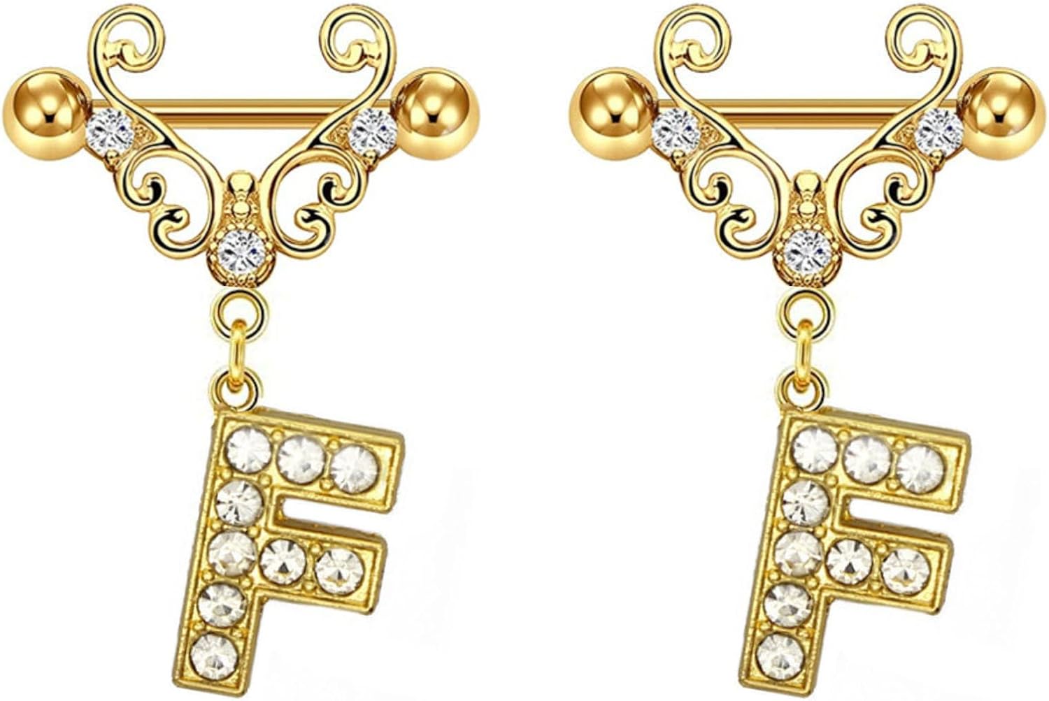 2Pcs Gold Nipple Rings Name Letter Dangle for Women 14GA 316L Surgical Steel Cubic Zirconia Hypoallergenic Nipple Piercing Jewelry