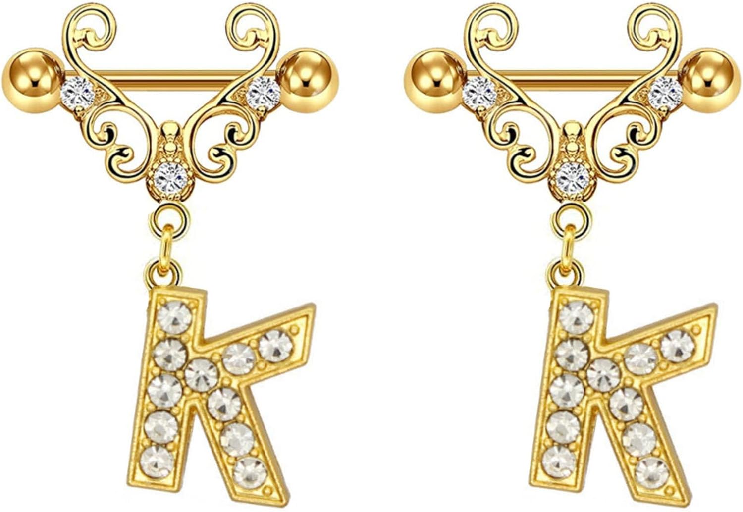 2Pcs Gold Nipple Rings Name Letter Dangle for Women 14GA 316L Surgical Steel Cubic Zirconia Hypoallergenic Nipple Piercing Jewelry